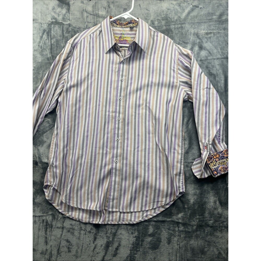 ROBERT GRAHAM Shirt Mens Sz L Cotton Purple Orange Gray Stripe Flip Cuff